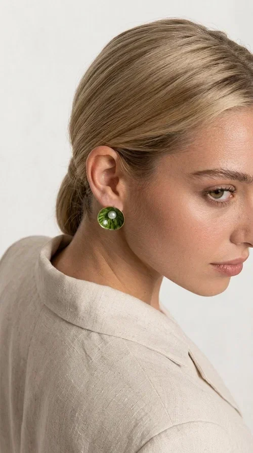 , Khaki pearl stud earrings are the ideal choice for every woman seeking elegance with character. Designed by Greek Jewelry Designer Aikaterini Chalkiadaki, these handmade earrings combine the beauty of pearls with the earthy aesthetic of khaki enamel, creating a jewelry piece with strong personality.

Their round shape, crafted in deep khaki green enamel on brass, gains a special charm thanks to the central pearl that stands out with its white shine. The delicate textured pattern of the enamel adds depth and movement, making each pair unique. They are comfortable to wear thanks to the secure post fastening, while their size is ideal — striking enough to become the focal point of your look, without being overwhelming.

They pair equally well with casual everyday looks and more formal outfits, and they also make an excellent choice as a bridal accessory or a gift for special occasions.