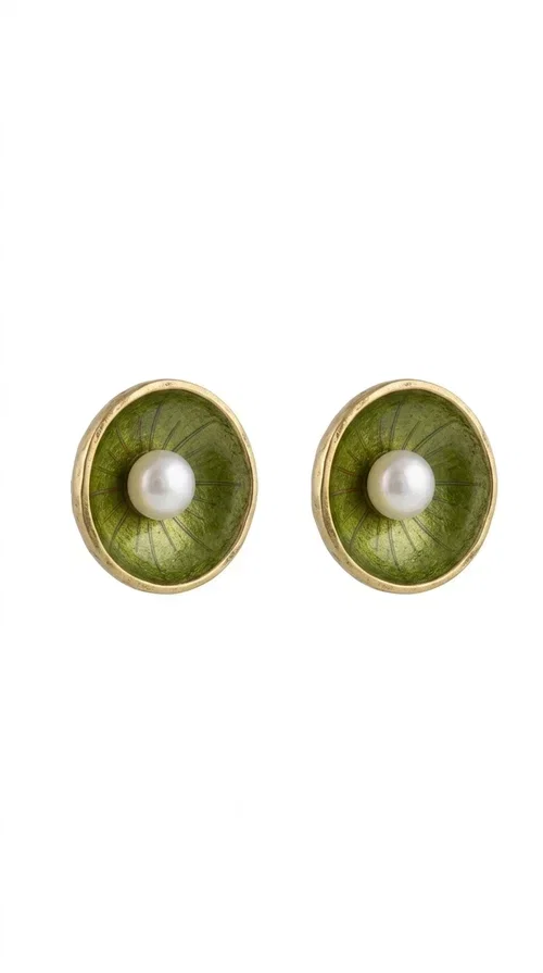 , Khaki pearl stud earrings are the ideal choice for every woman seeking elegance with character. Designed by Greek Jewelry Designer Aikaterini Chalkiadaki, these handmade earrings combine the beauty of pearls with the earthy aesthetic of khaki enamel, creating a jewelry piece with strong personality.

Their round shape, crafted in deep khaki green enamel on brass, gains a special charm thanks to the central pearl that stands out with its white shine. The delicate textured pattern of the enamel adds depth and movement, making each pair unique. They are comfortable to wear thanks to the secure post fastening, while their size is ideal — striking enough to become the focal point of your look, without being overwhelming.

They pair equally well with casual everyday looks and more formal outfits, and they also make an excellent choice as a bridal accessory or a gift for special occasions.