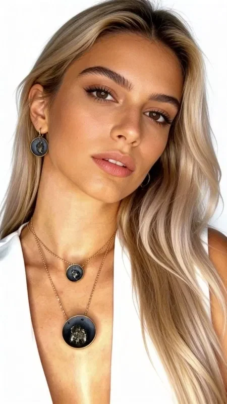 , Discover the unique handmade necklace with pyrite that combines the natural beauty of pyrite with contemporary Greek aesthetics. This striking long necklace, designed by Aikaterini Chalkiadaki, is the ideal choice for women looking for statement jewelry with natural stones.

The necklace stands out for its unique combination of materials and colors. The central pendant section features a grey resin disc in a chalky hue, hosting a shimmering pyrite stone with metallic reflections. The brass base and chain offer durability and a golden tone that harmoniously complements the earthy tones of the stone.