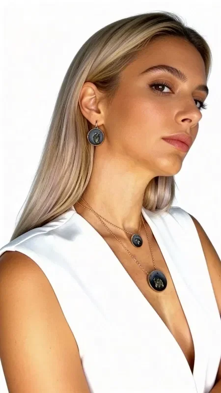 , Discover the unique handmade necklace with pyrite that combines the natural beauty of pyrite with contemporary Greek aesthetics. This striking long necklace, designed by Aikaterini Chalkiadaki, is the ideal choice for women looking for statement jewelry with natural stones.

The necklace stands out for its unique combination of materials and colors. The central pendant section features a grey resin disc in a chalky hue, hosting a shimmering pyrite stone with metallic reflections. The brass base and chain offer durability and a golden tone that harmoniously complements the earthy tones of the stone.