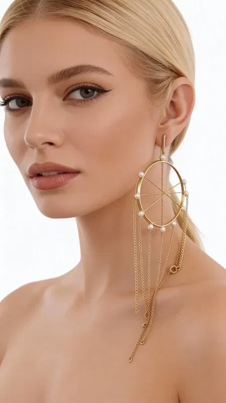 , Discover the magic of large statement dangle earrings with pearls that will transform every look. These unique handmade "Dreamcatcher" earrings, designed by Greek Jewelry Designer Aikaterini Chalkiadaki, combine contemporary aesthetics with traditional Greek craftsmanship.

Made from high-quality brass with a golden finish, the earrings feature a geometric circle design adorned with natural pearls. The dangling chains create an elegant movement that catches every eye, while their statement design makes them ideal for special occasions.

These long earrings pair perfectly with evening outfits, bridal looks, or boho chic ensembles, adding a touch of luxury and mystery. Their ergonomic construction ensures all-day comfort.