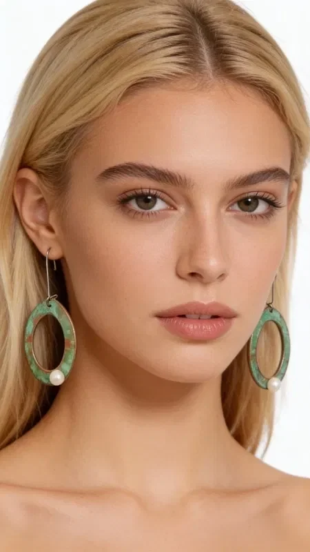 , Discover the magic of large pearl hoop drop earrings that combine vintage aesthetics with modern elegance. Each piece is handmade and designed by Greek Jewelry Designer Aikaterini Chalkiadaki, offering a unique style statement.

These striking earrings feature oval bronze hoops with a beautiful green patina that creates a vintage character. Each hoop holds a white pearl that adds elegance and brightness to the design. The contrast between the warm bronze and the white pearls creates an exceptional color combination.

These long drop earrings are ideal for weddings, evening outings, or any moment you want to stand out. Their lightweight construction ensures comfortable wear all day long. Store in a dry place and clean gently with a soft cloth.