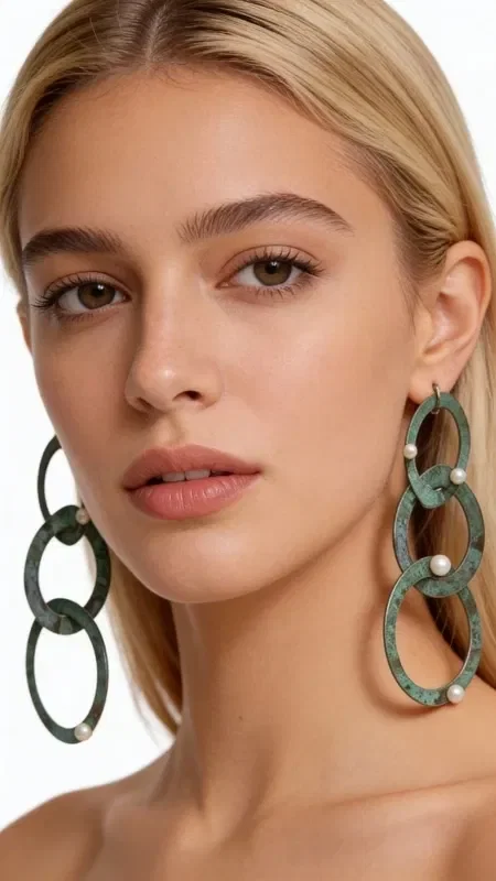 , Discover the magic of large statement earrings that combine the elegance of copper with a green patina in a truly unique design. These handmade long stud earrings, designed by Greek Jewelry Designer Aikaterini Chalkiadaki, create a statement look that catches every eye.

The innovative design with interlocking rings in green patina gives a bohemian aesthetic that suits modern women perfectly. Each ring is handcrafted from high-quality copper and adorned with natural pearls that add shine and elegance. The unique green patina creates a vintage feel that blends seamlessly with both modern and classic outfits.

These dangling earrings are ideal for special occasions, bridal looks, or everyday chic outfits. Greek craftsmanship shows in every detail, from the perfect balance of the rings to the careful placement of the pearls. Store them in a dry place and clean gently with a soft cloth.