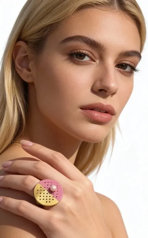 , An impressive statement ring that combines classic elegance with modern design. This unique handmade piece, designed by Greek Jewelry Designer Aikaterini Chalkiadaki, is the perfect choice for the woman who wants to stand out.

The geometric circular brass base features a striking combination of colors - gold and fuchsia pink - creating a contemporary yin-yang aesthetic. The perforated surface with geometric holes gives it an industrial character, while the white pearl at the center adds a touch of elegance and femininity.

The large size of the ring makes it ideal for special occasions and evening outings. It pairs beautifully with monochrome outfits, adding color and style to any look.