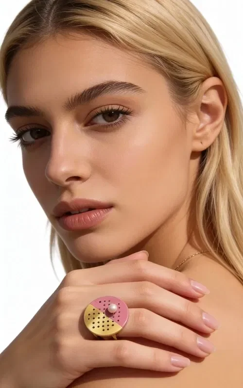 , An impressive statement ring that combines classic elegance with modern design. This unique handmade piece, designed by Greek Jewelry Designer Aikaterini Chalkiadaki, is the perfect choice for the woman who wants to stand out.

The geometric circular brass base features a striking combination of colors - gold and fuchsia pink - creating a contemporary yin-yang aesthetic. The perforated surface with geometric holes gives it an industrial character, while the white pearl at the center adds a touch of elegance and femininity.

The large size of the ring makes it ideal for special occasions and evening outings. It pairs beautifully with monochrome outfits, adding color and style to any look.