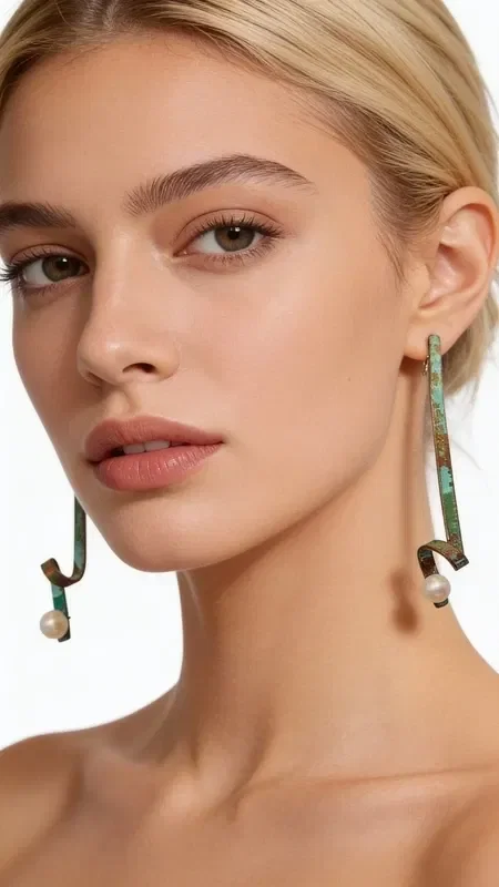 , Stand out with these large statement stud earrings with pearls that combine the elegance of pearls with the unique aesthetic of green patina. Each piece is designed by Greek Jewelry Designer Aikaterini Chalkiadaki and is entirely handmade with great attention to detail.

These handmade earrings feature a long geometric copper shape with a natural green patina that creates unique color variations. Each earring is completed with a white pearl that adds classic elegance and brightness to the design. The stud closure ensures a comfortable and secure fit all day long.

These striking long earrings are ideal for special occasions, weddings, or whenever you want to add a modern touch to your look. They pair perfectly with monochrome outfits and add a distinctive style.