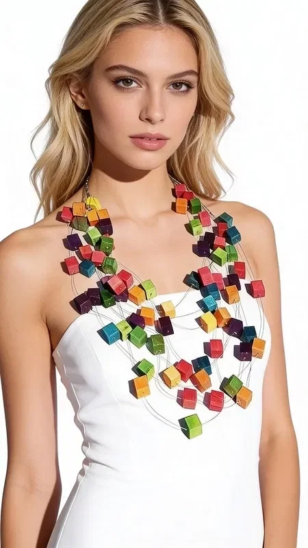, Discover a unique statement necklace that combines creativity with original design, inspired by the iconic Rubik's Cube. This striking women's necklace with wooden cubes, designed by Greek Jewelry Designer Aikaterini Chalkiadaki, is the ideal choice for women who want to stand out with style and personality.

Each colorful wooden cube has been carefully shaped, creating a kaleidoscope of colors that includes vivid reds, greens, blues, oranges, yellows and purple tones. The arrangement of the multicolored cubes at different levels of the necklace creates a dynamic and playful aesthetic that catches the eye.

The handmade necklace features a double cord that allows for comfortable adjustment and stability while wearing. It is ideal for casual looks, creative professional settings, or as a conversation starter at social gatherings.
