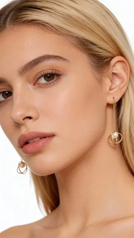 , Discover the magic of handmade women's earrings with pearls that combine elegance with a modern aesthetic. These striking dangle earrings, designed by Greek Jewelry Designer Aikaterini Chalkiadaki, offer a unique combination of geometric shapes and natural beauty.

The innovative design features rotating brass rings in a gold hue that frame white pearls, creating a dynamic and contemporary look. The long chain adds movement and elegance, making them ideal for both special occasions and everyday wear.

Carefully crafted from premium brass, these statement earrings stand the test of time while retaining their shine. The combination of natural pearls with metallic elements creates a perfect balance between classic and modern style.