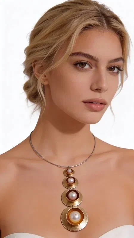 , Discover the magic of this long statement pearl necklace for women, a striking handmade piece that combines classic elegance with a modern aesthetic. Designed by Greek Jewelry Designer Aikaterini Chalkiadaki, this statement necklace transforms every look into a style statement.

The unique design features five circular brass discs in a gold hue, progressively decreasing in size, each holding white pearls of varying dimensions. The geometric arrangement creates a striking visual effect that draws the eye, while the fine metal wire cable ensures a comfortable fit.

This long pearl necklace is ideal for evening looks, special occasions, or for adding a touch of elegance to your everyday style. It pairs perfectly with monochrome outfits and offers endless layering possibilities.