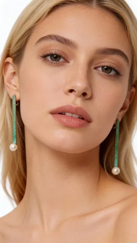 , Discover the unique beauty of these long stud earrings with pearls and green patina, combining modern aesthetics with traditional craftsmanship. Designed by Greek Jewelry Designer Aikaterini Chalkiadaki, these striking earrings are the perfect choice for women seeking original and elegant jewelry.

Each earring is handmade from high-quality copper with a unique green patina that creates a vintage look full of character. The natural pearls at the bottom add classic elegance and softness, creating a perfect blend of modern and traditional elements. The long linear silhouette elongates the neck and gives a clean, contemporary aesthetic.