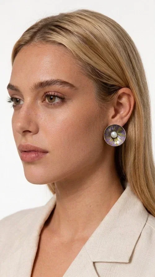 , Handmade purple stud earrings with pearls are an elegant choice for every woman seeking jewelry with character and feeling. Designed by Greek Jewelry Designer Aikaterini Chalkiadaki, these unique earrings combine refined aesthetics with the durability of brass and the warmth of handmade enamel, creating a result that truly stands out.

Each pair features a circular shape in a lilac-purple hue with golden brass details, while a natural pearl takes center stage, adding charm and femininity. The matte texture of the enamel combined with the soft shine of the pearl creates a contrast that makes the piece stand out both in everyday looks and in formal occasions, weddings and christenings.

Ideal as a gift or for personal use, they pair beautifully with minimal outfits, casual style, and formal looks alike. Their lightweight construction ensures comfort for everyday wear.