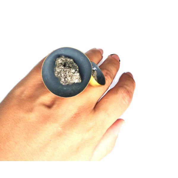 Double pyrite large statement ring grey,Buy statement double pyrite ring grey extra large, handmade rings and unique handmade fashion jewelry by greek fashion jewelry designer Aikaterini Chalkiadaki. A jewelry gift for her.