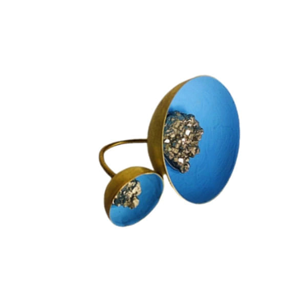 Large statement ring blue with double pyrite - 10741,Buy large statement ring with double pyrite in light blue and unique handmade fashion jewelry by greek fashion jewelry designer Aikaterini Chalkiadaki. A jewelry gift for her.
