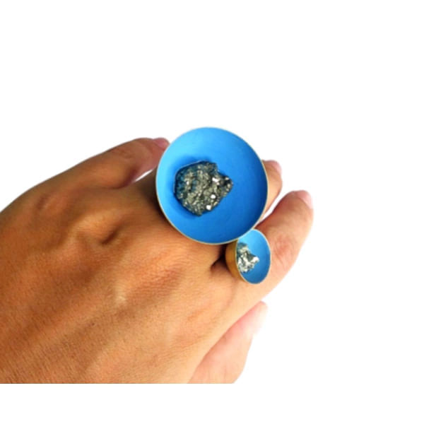 Large statement ring blue with double pyrite - 10741,Buy large statement ring with double pyrite in light blue and unique handmade fashion jewelry by greek fashion jewelry designer Aikaterini Chalkiadaki. A jewelry gift for her.