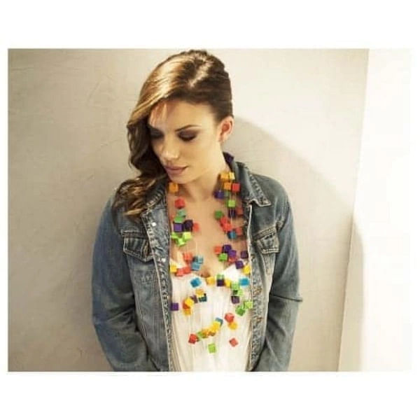 Statement necklace with wood Rubik's cube - 1411,Buy Rubik's cube statement necklace with wood, colorful jewelry and handmade jewelry by greek fashion jewelry designer Aikaterini Chalkiadaki. A jewelry gift for her.