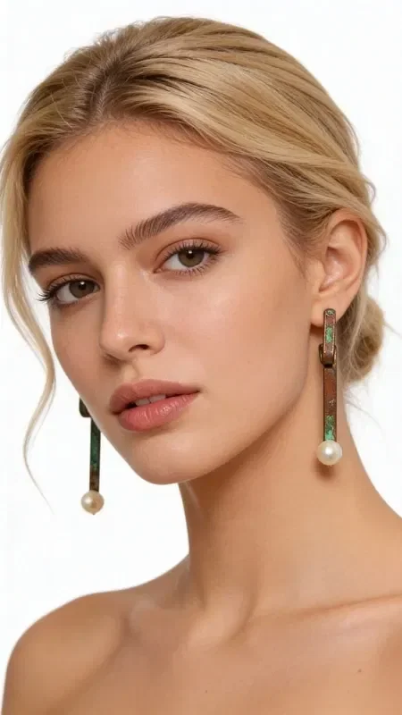 , These impressive handmade stud earrings with pearls combine classic elegance with a modern aesthetic. Designed by Greek Jewelry Designer Aikaterini Chalkiadaki, they are an ideal blend of art and style that refreshes any look.

The unique geometric silhouette with the green patina creates a striking vintage aesthetic, while the white pearls at the base add classic grace. The copper has undergone a special treatment that creates its characteristic green coloring, giving each piece a distinct personality.

These dangle earrings are ideal for women who love statement jewelry with character. Their ergonomic design ensures all-day comfort, while the quality craftsmanship guarantees durability and longevity.