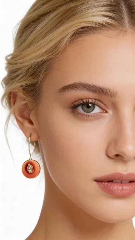 , Discover the unique beauty of these dangle earrings featuring pyrite in a striking salmon color, designed by Greek Jewelry Designer Aikaterini Chalkiadaki. These handmade earrings seamlessly combine the orange hue with the natural shine of pyrite, creating a piece of jewelry that truly stands out.

Each earring features a round shape with a centrally placed pyrite stone, while the brass base offers durability and color that won't fade. Their small size makes them ideal for everyday wear, while their striking appearance also makes them suitable for special occasions. The warm orange hue pairs perfectly with autumn outfits as well as summer looks.