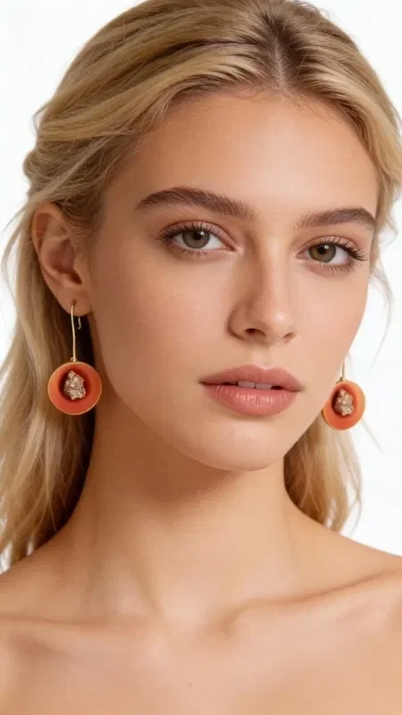 , Discover the unique beauty of these dangle earrings featuring pyrite in a striking salmon color, designed by Greek Jewelry Designer Aikaterini Chalkiadaki. These handmade earrings seamlessly combine the orange hue with the natural shine of pyrite, creating a piece of jewelry that truly stands out.

Each earring features a round shape with a centrally placed pyrite stone, while the brass base offers durability and color that won't fade. Their small size makes them ideal for everyday wear, while their striking appearance also makes them suitable for special occasions. The warm orange hue pairs perfectly with autumn outfits as well as summer looks.