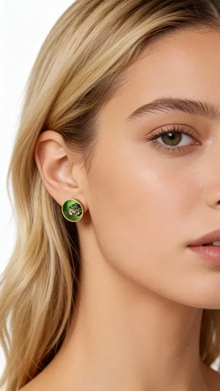 , Discover the perfect balance between modern aesthetics and natural beauty with these unique stud earrings featuring green pyrite, designed by Greek Jewelry Designer Aikaterini Chalkiadaki. Each piece is a small work of art that combines vivid green color with the sparkle of natural pyrite.

These handmade earrings showcase an elegant oval shape, with the natural pyrite capturing the light at the center of the green enamel. The choice of brass as the base material offers durability and a timeless feel, while the chalky green color creates a striking contrast that catches the eye.

These modern stud earrings are ideal for everyday wear, as well as for special occasions when you want to stand out with style and finesse. Their small size makes them extremely versatile, pairing perfectly with any outfit style.