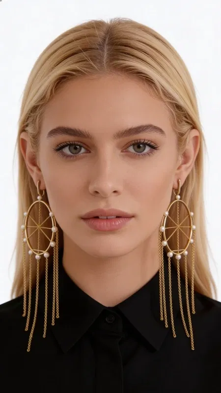 , These captivating statement earrings reimagine the traditional dream catcher in an elegant fusion of bohemian spirit and contemporary glamour. Each earring features a striking circular gold-plated brass framework adorned with lustrous freshwater pearls that catch and reflect light with every movement.
The intricate design showcases delicate brass chains that cascade gracefully from the central hoop, creating mesmerizing movement and dimension. The carefully positioned freshwater pearls within the circular frame evoke the mystical essence of dream catchers while maintaining sophisticated elegance. The warm gold plating provides a luxurious backdrop that complements the natural luster of the pearls.
Crafted with meticulous attention to detail, these handmade earrings represent the artistry of Greek jewelry craftsmanship. The substantial yet comfortable design makes them perfect for elevating both casual and formal ensembles. Whether paired with a flowing bohemian dress or a sleek evening outfit, these earrings serve as conversation starters that embody both spiritual symbolism and fashion-forward style.
The generous proportions create dramatic impact while remaining surprisingly lightweight for comfortable all-day wear. The secure ear wires ensure these treasured pieces stay beautifully positioned while the cascading chains create enchanting movement with every turn of the head.
To maintain their beauty, gently clean with a soft cloth and avoid exposure to moisture, perfumes, and harsh chemicals. Store in a dry place, preferably in individual pouches to prevent tangling of the delicate chain elements.