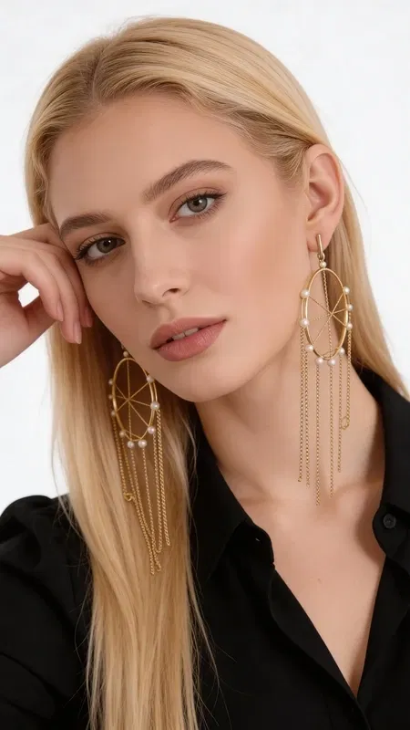 , These captivating statement earrings reimagine the traditional dream catcher in an elegant fusion of bohemian spirit and contemporary glamour. Each earring features a striking circular gold-plated brass framework adorned with lustrous freshwater pearls that catch and reflect light with every movement.
The intricate design showcases delicate brass chains that cascade gracefully from the central hoop, creating mesmerizing movement and dimension. The carefully positioned freshwater pearls within the circular frame evoke the mystical essence of dream catchers while maintaining sophisticated elegance. The warm gold plating provides a luxurious backdrop that complements the natural luster of the pearls.
Crafted with meticulous attention to detail, these handmade earrings represent the artistry of Greek jewelry craftsmanship. The substantial yet comfortable design makes them perfect for elevating both casual and formal ensembles. Whether paired with a flowing bohemian dress or a sleek evening outfit, these earrings serve as conversation starters that embody both spiritual symbolism and fashion-forward style.
The generous proportions create dramatic impact while remaining surprisingly lightweight for comfortable all-day wear. The secure ear wires ensure these treasured pieces stay beautifully positioned while the cascading chains create enchanting movement with every turn of the head.
To maintain their beauty, gently clean with a soft cloth and avoid exposure to moisture, perfumes, and harsh chemicals. Store in a dry place, preferably in individual pouches to prevent tangling of the delicate chain elements.