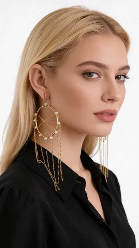 , These captivating statement earrings reimagine the traditional dream catcher in an elegant fusion of bohemian spirit and contemporary glamour. Each earring features a striking circular gold-plated brass framework adorned with lustrous freshwater pearls that catch and reflect light with every movement.
The intricate design showcases delicate brass chains that cascade gracefully from the central hoop, creating mesmerizing movement and dimension. The carefully positioned freshwater pearls within the circular frame evoke the mystical essence of dream catchers while maintaining sophisticated elegance. The warm gold plating provides a luxurious backdrop that complements the natural luster of the pearls.
Crafted with meticulous attention to detail, these handmade earrings represent the artistry of Greek jewelry craftsmanship. The substantial yet comfortable design makes them perfect for elevating both casual and formal ensembles. Whether paired with a flowing bohemian dress or a sleek evening outfit, these earrings serve as conversation starters that embody both spiritual symbolism and fashion-forward style.
The generous proportions create dramatic impact while remaining surprisingly lightweight for comfortable all-day wear. The secure ear wires ensure these treasured pieces stay beautifully positioned while the cascading chains create enchanting movement with every turn of the head.
To maintain their beauty, gently clean with a soft cloth and avoid exposure to moisture, perfumes, and harsh chemicals. Store in a dry place, preferably in individual pouches to prevent tangling of the delicate chain elements.