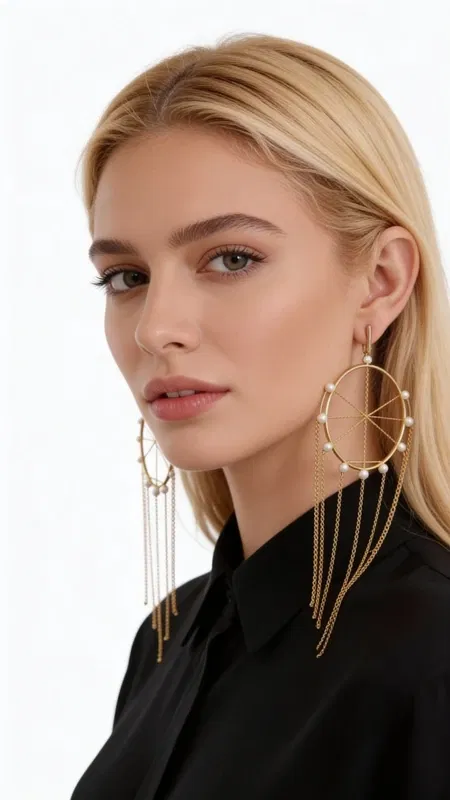 , These captivating statement earrings reimagine the traditional dream catcher in an elegant fusion of bohemian spirit and contemporary glamour. Each earring features a striking circular gold-plated brass framework adorned with lustrous freshwater pearls that catch and reflect light with every movement.
The intricate design showcases delicate brass chains that cascade gracefully from the central hoop, creating mesmerizing movement and dimension. The carefully positioned freshwater pearls within the circular frame evoke the mystical essence of dream catchers while maintaining sophisticated elegance. The warm gold plating provides a luxurious backdrop that complements the natural luster of the pearls.
Crafted with meticulous attention to detail, these handmade earrings represent the artistry of Greek jewelry craftsmanship. The substantial yet comfortable design makes them perfect for elevating both casual and formal ensembles. Whether paired with a flowing bohemian dress or a sleek evening outfit, these earrings serve as conversation starters that embody both spiritual symbolism and fashion-forward style.
The generous proportions create dramatic impact while remaining surprisingly lightweight for comfortable all-day wear. The secure ear wires ensure these treasured pieces stay beautifully positioned while the cascading chains create enchanting movement with every turn of the head.
To maintain their beauty, gently clean with a soft cloth and avoid exposure to moisture, perfumes, and harsh chemicals. Store in a dry place, preferably in individual pouches to prevent tangling of the delicate chain elements.