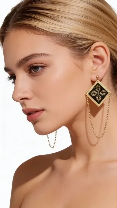 , Embroidered statement earrings with geometric patterns in black and gold combine the traditional art of embroidery with modern aesthetics. Designed by Greek Jewelry Designer Aikaterini Chalkiadaki, these striking dangle earrings are the ideal choice for the modern woman seeking uniqueness.

Each earring features a square embroidered element with intricate geometric motifs created with gold thread on a black base. The elegant gold chain that hangs down adds movement and dynamism, while their length creates an impressive effect. The handmade construction guarantees the quality and uniqueness of each piece.

These modern earrings are perfect for evening outings, wedding events and special occasions. They combine ideally with black or gold outfits, adding a note of folklore elegance. Store in a dry place, avoiding contact with perfumes and moisture.