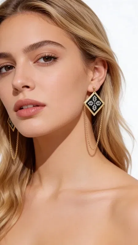 , Embroidered statement earrings with geometric patterns in black and gold combine the traditional art of embroidery with modern aesthetics. Designed by Greek Jewelry Designer Aikaterini Chalkiadaki, these striking dangle earrings are the ideal choice for the modern woman seeking uniqueness.

Each earring features a square embroidered element with intricate geometric motifs created with gold thread on a black base. The elegant gold chain that hangs down adds movement and dynamism, while their length creates an impressive effect. The handmade construction guarantees the quality and uniqueness of each piece.

These modern earrings are perfect for evening outings, wedding events and special occasions. They combine ideally with black or gold outfits, adding a note of folklore elegance. Store in a dry place, avoiding contact with perfumes and moisture.