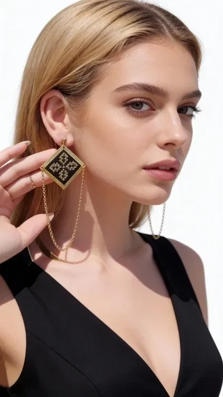 , Embroidered statement earrings with geometric patterns in black and gold combine the traditional art of embroidery with modern aesthetics. Designed by Greek Jewelry Designer Aikaterini Chalkiadaki, these striking dangle earrings are the ideal choice for the modern woman seeking uniqueness.

Each earring features a square embroidered element with intricate geometric motifs created with gold thread on a black base. The elegant gold chain that hangs down adds movement and dynamism, while their length creates an impressive effect. The handmade construction guarantees the quality and uniqueness of each piece.

These modern earrings are perfect for evening outings, wedding events and special occasions. They combine ideally with black or gold outfits, adding a note of folklore elegance. Store in a dry place, avoiding contact with perfumes and moisture.