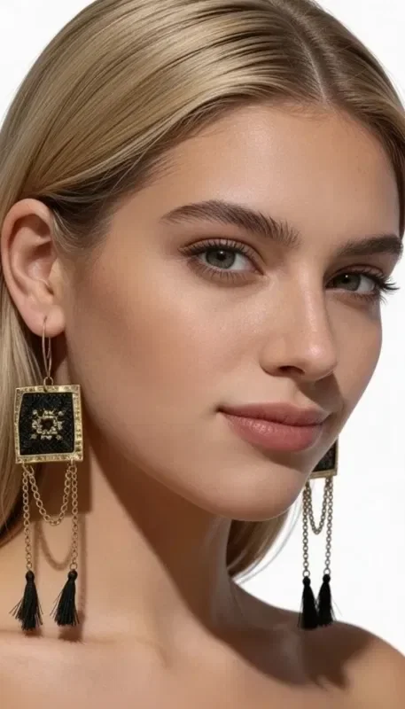 , The statement embroidered earrings with geometric designs in gold thread on black are the perfect choice for women who want to stand out. Designed by Greek Jewelry Designer Aikaterini Chalkiadaki, they combine the traditional art of gold-thread embroidery with a contemporary aesthetic.

Each earring features a square embroidered element with a gold outline and black base, while the elegant gold chains end in black tassels that add movement and drama. The geometric design with the central star creates a unique visual effect that catches every eye.

These handmade dangle earrings are ideal for special occasions, weddings, evening outings, and any moment you want to feel unique. Their length makes them striking without being excessive, while the elegant black-and-gold color combination pairs with any outfit.

Store in a dry place away from moisture and avoid contact with cosmetics.