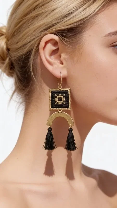 , These embroidered statement earrings with geometric patterns in gold thread on a black background are the perfect accessory for creating striking looks. Designed by Greek Jewelry Designer Aikaterini Chalkiadaki, these unique handmade earrings combine the traditional art of embroidery with contemporary design.

Each earring features a square embroidered element with gold details that create geometric patterns on a black base. The hanging black tassels add movement and a modern aesthetic, while the brass element harmoniously completes the design.

These striking long earrings are ideal for special occasions, weddings, or whenever you want to make a statement with your styling. Their folklore aesthetic makes them perfect for boho and ethnic looks. Care for them gently with a dry cloth and store them in a dry place away from direct sunlight to preserve their colors.