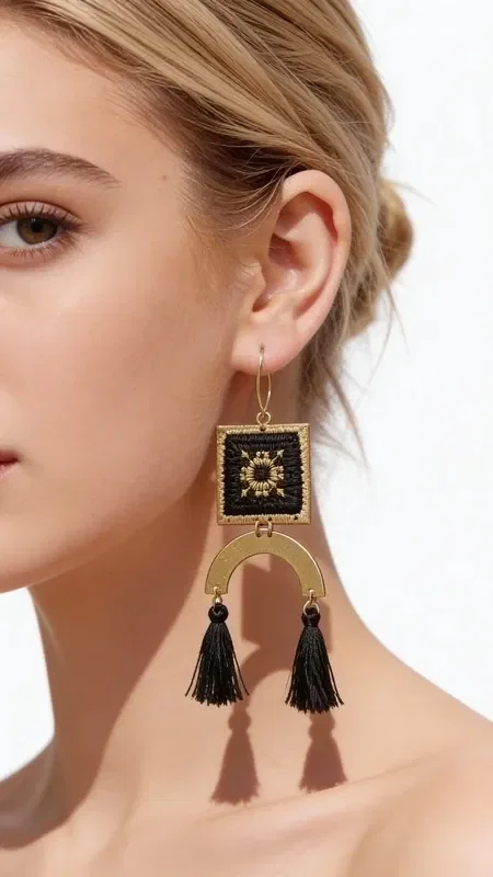 , These embroidered statement earrings with geometric patterns in gold thread on a black background are the perfect accessory for creating striking looks. Designed by Greek Jewelry Designer Aikaterini Chalkiadaki, these unique handmade earrings combine the traditional art of embroidery with contemporary design.

Each earring features a square embroidered element with gold details that create geometric patterns on a black base. The hanging black tassels add movement and a modern aesthetic, while the brass element harmoniously completes the design.

These striking long earrings are ideal for special occasions, weddings, or whenever you want to make a statement with your styling. Their folklore aesthetic makes them perfect for boho and ethnic looks. Care for them gently with a dry cloth and store them in a dry place away from direct sunlight to preserve their colors.