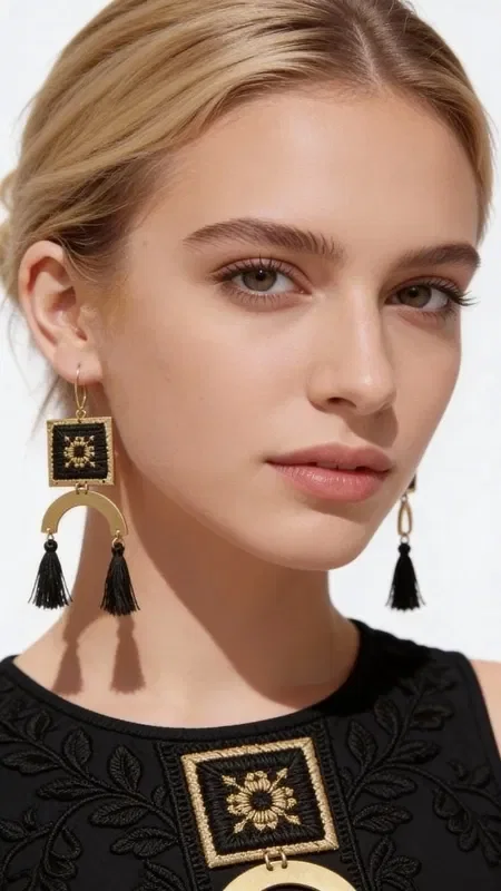 , These embroidered statement earrings with geometric patterns in gold thread on a black background are the perfect accessory for creating striking looks. Designed by Greek Jewelry Designer Aikaterini Chalkiadaki, these unique handmade earrings combine the traditional art of embroidery with contemporary design.

Each earring features a square embroidered element with gold details that create geometric patterns on a black base. The hanging black tassels add movement and a modern aesthetic, while the brass element harmoniously completes the design.

These striking long earrings are ideal for special occasions, weddings, or whenever you want to make a statement with your styling. Their folklore aesthetic makes them perfect for boho and ethnic looks. Care for them gently with a dry cloth and store them in a dry place away from direct sunlight to preserve their colors.