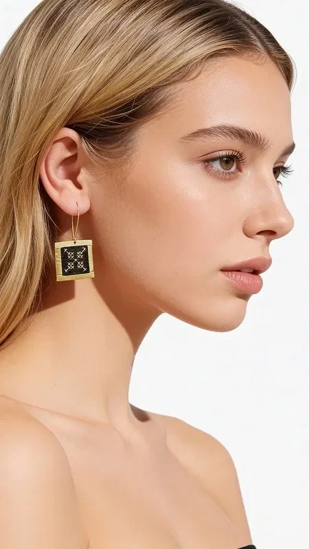, Discover the perfect balance between traditional embroidery craftsmanship and modern aesthetics with these striking statement earrings. Designed by Greek Jewelry Designer Aikaterini Chalkiadaki, they combine geometric motifs in bold black with gold thread details that create a unique contrast.

The embroidered fabric in a square shape features intricate geometric designs reminiscent of traditional Greek embroidery, while the gold frame adds elegance and luxury. The black hue makes them ideal for any occasion, from everyday looks to evening appearances.

These handmade earrings are the perfect choice for women who love striking accessories with history and character. Their light weight makes them comfortable to wear all day, while their modern design lends a sophisticated air to any look. Care for them with gentle cleaning and store them in a dry place to preserve their beauty.