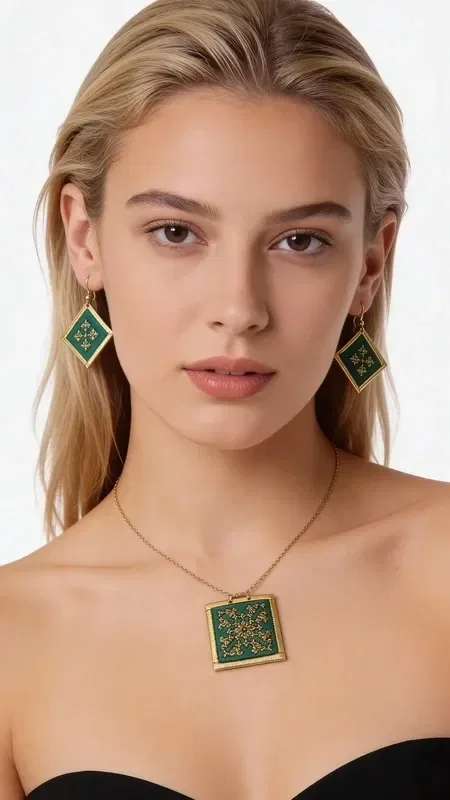 , Discover the magic of statement embroidered earrings with geometric patterns that turn any look into something striking. These unique handmade earrings, designed by Greek Jewelry Designer Aikaterini Chalkiadaki, feature a rich green color and gold thread that create a dazzling contrast.

Each earring is carefully embroidered with gold thread, forming geometric motifs that recall traditional Greek artistry with a modern aesthetic. The combination of vivid green with gold details offers an elegant look that suits both everyday wear and special occasions.

These statement earrings are ideal for women who want to stand out with style and confidence. Their unique folklore design makes them a perfect choice for weddings, evening outings, or any moment you want to feel special.

Care for them gently with a soft cloth and store them in a dry place to preserve their shine.