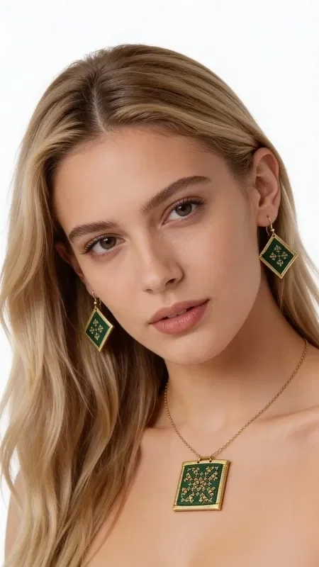 , Discover the magic of statement embroidered earrings with geometric patterns that turn any look into something striking. These unique handmade earrings, designed by Greek Jewelry Designer Aikaterini Chalkiadaki, feature a rich green color and gold thread that create a dazzling contrast.

Each earring is carefully embroidered with gold thread, forming geometric motifs that recall traditional Greek artistry with a modern aesthetic. The combination of vivid green with gold details offers an elegant look that suits both everyday wear and special occasions.

These statement earrings are ideal for women who want to stand out with style and confidence. Their unique folklore design makes them a perfect choice for weddings, evening outings, or any moment you want to feel special.

Care for them gently with a soft cloth and store them in a dry place to preserve their shine.