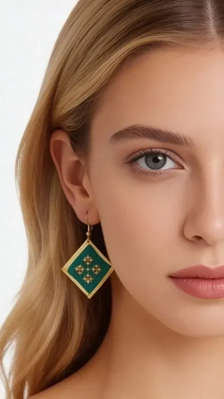 , Discover the magic of statement embroidered earrings with geometric patterns that turn any look into something striking. These unique handmade earrings, designed by Greek Jewelry Designer Aikaterini Chalkiadaki, feature a rich green color and gold thread that create a dazzling contrast.

Each earring is carefully embroidered with gold thread, forming geometric motifs that recall traditional Greek artistry with a modern aesthetic. The combination of vivid green with gold details offers an elegant look that suits both everyday wear and special occasions.

These statement earrings are ideal for women who want to stand out with style and confidence. Their unique folklore design makes them a perfect choice for weddings, evening outings, or any moment you want to feel special.

Care for them gently with a soft cloth and store them in a dry place to preserve their shine.