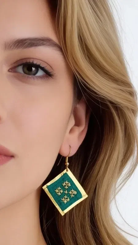 , Discover the magic of statement embroidered earrings with geometric patterns that turn any look into something striking. These unique handmade earrings, designed by Greek Jewelry Designer Aikaterini Chalkiadaki, feature a rich green color and gold thread that create a dazzling contrast.

Each earring is carefully embroidered with gold thread, forming geometric motifs that recall traditional Greek artistry with a modern aesthetic. The combination of vivid green with gold details offers an elegant look that suits both everyday wear and special occasions.

These statement earrings are ideal for women who want to stand out with style and confidence. Their unique folklore design makes them a perfect choice for weddings, evening outings, or any moment you want to feel special.

Care for them gently with a soft cloth and store them in a dry place to preserve their shine.