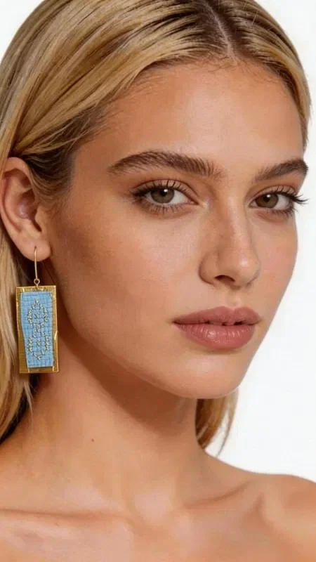 , These statement embroidered earrings in light blue are the perfect choice for women who want to stand out with style and elegance. Designed by Greek Jewelry Designer Aikaterini Chalkiadaki, these striking handmade jewelry pieces combine a modern aesthetic with the traditional technique of embroidery.

The gold thread creates geometric patterns that beautifully frame the light blue color, giving them a unique shine and movement. The rectangular shape of the earrings offers a contemporary look, while the embroidered texture adds depth and character. They are ideal for special occasions and weddings, as well as for adding a sophisticated touch to everyday outfits.

Material: Brass, Fabric

Be sure to store them in a dry place and avoid contact with moisture to preserve their shine. Pair them with simple outfits to highlight their beauty.
