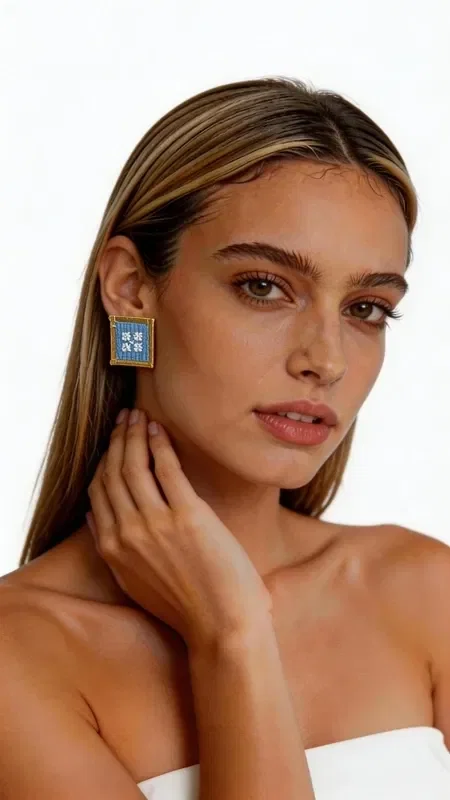 , Embroidered statement earrings that combine the traditional art of embroidery with modern geometric design. These striking light blue earrings, designed by Greek Jewelry Designer Aikaterini Chalkiadaki, feature detailed gold-thread embroidery creating enchanting geometric patterns. The square shape on a vivid light blue background is complemented by gold details that add shine and elegance. The gold thread creates intricate patterns reminiscent of Byzantine art, while the modern cut and contemporary aesthetic make them ideal for modern looks.

These handmade earrings are the perfect choice for those seeking striking jewelry that stands out. Ideal for special occasions, weddings, or stylish everyday looks.

Material: Brass, Fabric

Care: Store in a dry place, away from moisture. Clean gently with a dry cloth.