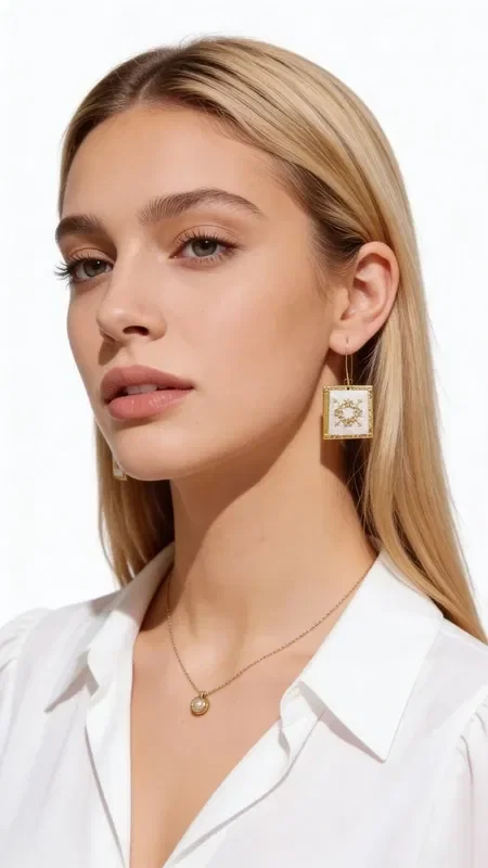 , Embroidered statement earrings that combine contemporary aesthetics with the traditional art of embroidery in a white shade. These striking handmade earrings, designed by Greek Jewelry Designer Aikaterini Chalkiadaki, feature geometric motifs with gold thread that create a unique sense of luxury.

The square shape with intricate embroidery on the inside offers a modern interpretation of traditional craftsmanship. The white color makes them ideal for bridal looks or elegant evening outings, while their statement shape gives them instant recognizability. These dangle earrings are comfortable to wear and add a sophisticated touch to any outfit. Pair them with monochrome outfits to highlight their unique beauty. Store them in a dry place and gently clean with a dry cloth to preserve the shine of the gold thread.