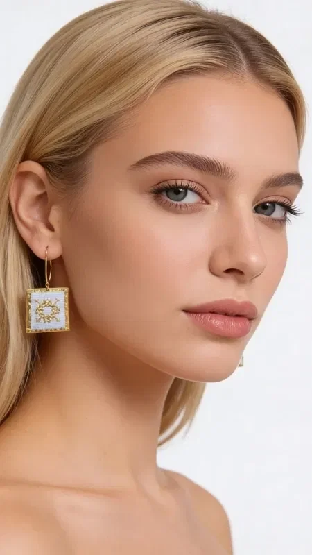 , Embroidered statement earrings that combine contemporary aesthetics with the traditional art of embroidery in a white shade. These striking handmade earrings, designed by Greek Jewelry Designer Aikaterini Chalkiadaki, feature geometric motifs with gold thread that create a unique sense of luxury.

The square shape with intricate embroidery on the inside offers a modern interpretation of traditional craftsmanship. The white color makes them ideal for bridal looks or elegant evening outings, while their statement shape gives them instant recognizability. These dangle earrings are comfortable to wear and add a sophisticated touch to any outfit. Pair them with monochrome outfits to highlight their unique beauty. Store them in a dry place and gently clean with a dry cloth to preserve the shine of the gold thread.