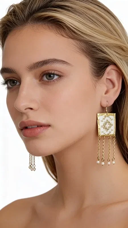 , These striking statement earrings feature embroidered geometric designs in gold thread on a white background, making them the ideal accessory for every woman seeking modern and original jewelry. Designed by Greek Jewelry Designer Aikaterini Chalkiadaki, they combine the traditional art of embroidery with contemporary geometric lines.

The gold thread adorning the white base creates striking contrasts and lends a sense of luxury to the design. The dangling gold-tone elements add movement and distinctive character, while the geometric pattern makes them suitable for both everyday looks and special occasions.

Ideal for weddings, evening outings, and for adding style to your everyday outfit, these handmade earrings reflect Greek tradition in modern fashion. Store in a dry place away from moisture and avoid contact with perfumes and cosmetics.