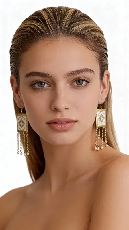 , These striking statement earrings feature embroidered geometric designs in gold thread on a white background, making them the ideal accessory for every woman seeking modern and original jewelry. Designed by Greek Jewelry Designer Aikaterini Chalkiadaki, they combine the traditional art of embroidery with contemporary geometric lines.

The gold thread adorning the white base creates striking contrasts and lends a sense of luxury to the design. The dangling gold-tone elements add movement and distinctive character, while the geometric pattern makes them suitable for both everyday looks and special occasions.

Ideal for weddings, evening outings, and for adding style to your everyday outfit, these handmade earrings reflect Greek tradition in modern fashion. Store in a dry place away from moisture and avoid contact with perfumes and cosmetics.