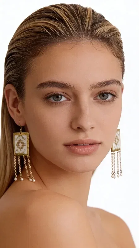 , These striking statement earrings feature embroidered geometric designs in gold thread on a white background, making them the ideal accessory for every woman seeking modern and original jewelry. Designed by Greek Jewelry Designer Aikaterini Chalkiadaki, they combine the traditional art of embroidery with contemporary geometric lines.

The gold thread adorning the white base creates striking contrasts and lends a sense of luxury to the design. The dangling gold-tone elements add movement and distinctive character, while the geometric pattern makes them suitable for both everyday looks and special occasions.

Ideal for weddings, evening outings, and for adding style to your everyday outfit, these handmade earrings reflect Greek tradition in modern fashion. Store in a dry place away from moisture and avoid contact with perfumes and cosmetics.