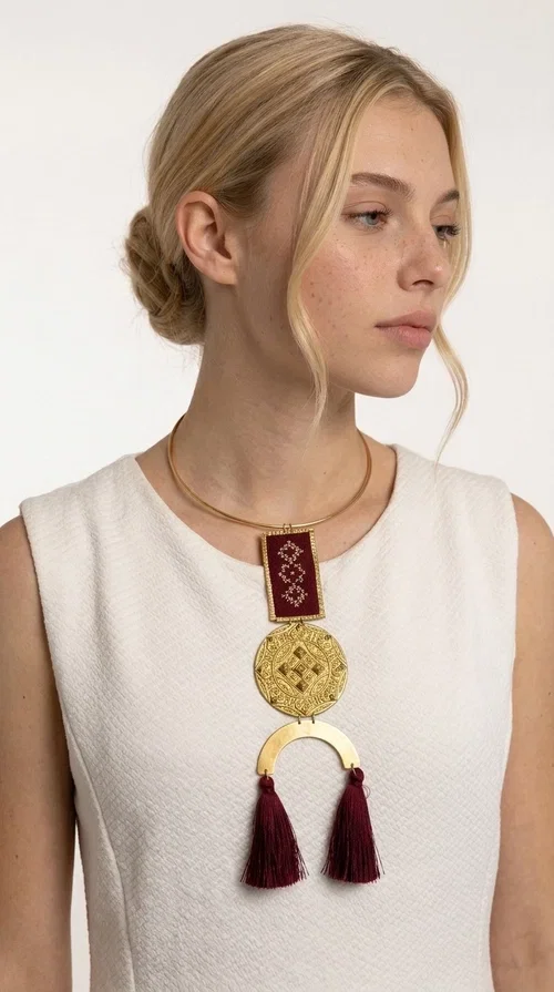 , A statement embroidered necklace that combines tradition with contemporary aesthetics — ideal for every woman who loves striking jewelry with character.

Designed by Greek Jewelry Designer Aikaterini Chalkiadaki, this handmade necklace is a harmonious composition of brass and fabric in a deep burgundy color. The embroidered rectangular piece with folklore-inspired geometric patterns sets the tone, while the round engraved metal piece and the semicircular base with burgundy tassels complete a composition rich in texture and detail. The necklace is worn on a gold-toned torque — clasp-free, lightweight and comfortable to wear.

Ideal for pairing with white linen or a monochrome outfit, it instantly adds character to both casual and evening looks. The geometric embroidery and tassels make it a distinctive piece — a true statement jewelry piece for the neck.