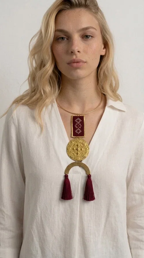 , A statement embroidered necklace that combines tradition with contemporary aesthetics — ideal for every woman who loves striking jewelry with character.

Designed by Greek Jewelry Designer Aikaterini Chalkiadaki, this handmade necklace is a harmonious composition of brass and fabric in a deep burgundy color. The embroidered rectangular piece with folklore-inspired geometric patterns sets the tone, while the round engraved metal piece and the semicircular base with burgundy tassels complete a composition rich in texture and detail. The necklace is worn on a gold-toned torque — clasp-free, lightweight and comfortable to wear.

Ideal for pairing with white linen or a monochrome outfit, it instantly adds character to both casual and evening looks. The geometric embroidery and tassels make it a distinctive piece — a true statement jewelry piece for the neck.