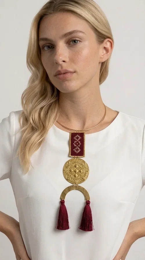 , A statement embroidered necklace that combines tradition with contemporary aesthetics — ideal for every woman who loves striking jewelry with character.

Designed by Greek Jewelry Designer Aikaterini Chalkiadaki, this handmade necklace is a harmonious composition of brass and fabric in a deep burgundy color. The embroidered rectangular piece with folklore-inspired geometric patterns sets the tone, while the round engraved metal piece and the semicircular base with burgundy tassels complete a composition rich in texture and detail. The necklace is worn on a gold-toned torque — clasp-free, lightweight and comfortable to wear.

Ideal for pairing with white linen or a monochrome outfit, it instantly adds character to both casual and evening looks. The geometric embroidery and tassels make it a distinctive piece — a true statement jewelry piece for the neck.