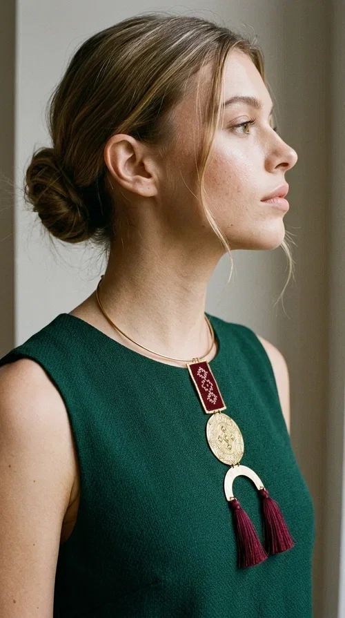 , A statement embroidered necklace that combines tradition with contemporary aesthetics — ideal for every woman who loves striking jewelry with character.

Designed by Greek Jewelry Designer Aikaterini Chalkiadaki, this handmade necklace is a harmonious composition of brass and fabric in a deep burgundy color. The embroidered rectangular piece with folklore-inspired geometric patterns sets the tone, while the round engraved metal piece and the semicircular base with burgundy tassels complete a composition rich in texture and detail. The necklace is worn on a gold-toned torque — clasp-free, lightweight and comfortable to wear.

Ideal for pairing with white linen or a monochrome outfit, it instantly adds character to both casual and evening looks. The geometric embroidery and tassels make it a distinctive piece — a true statement jewelry piece for the neck.